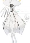  1girl aji_aji_nori blue_archive cape colored_skin fin_funnels floating floating_object floating_weapon halo hat large_hat long_hair malkuth_(blue_archive) one_eye_closed peaked_cap solo translation_request white_background white_cape white_skin yellow_eyes yellow_halo 