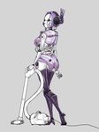  breasts butt cable female grey_background headphones high_heels human_being_bizarre human_being_bizarre_(artist) legwear machine maid maid_uniform mechanical not_furry plain_background robot side_boob solo standing thigh_highs vacuum white_body 