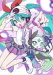  1girl absurdres aqua_eyes aqua_hair bag beanie black_socks blush_stickers bow collared_shirt gaogao_(gaogaomegu) gloves hair_between_eyes hair_bow hat hatsune_miku headphones highres jumping knit_hat long_hair looking_at_viewer meloetta meloetta_(aria) no_feet open_mouth pleated_skirt pointing poke_ball poke_ball_(basic) pokemon pokemon_(creature) project_voltage psychic_miku_(project_voltage) red_bow revision shirt shoes short_sleeves shoulder_bag single_glove skirt smartwatch sneakers socks striped_clothes striped_skirt twintails very_long_hair vocaloid watch white_gloves white_hat white_shirt white_shoes wristwatch 