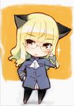  adjusting_eyewear animal_ears blonde_hair brown_eyes cat_ears chibi glasses glint hand_on_hip long_hair open_mouth pantyhose perrine_h_clostermann sakura_akami solo strike_witches traditional_media world_witches_series 