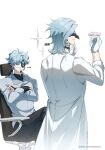  ... 2boys ahoge artist_name black_choker black_hair black_pants black_shirt blue_hair chair chinese_commentary choker closed_mouth coat collared_shirt commentary_request covered_eyes crossed_arms crossed_bangs crossed_legs dottore_(genshin_impact) dottore_(manga)_(genshin_impact) dual_persona earrings eye_mask facing_away from_behind frown genshin_impact gloves hand_on_own_chin hands_up highres holding jewelry lab_coat lofter_username long_sleeves male_focus mask medium_hair mojiuxuan multiple_boys on_chair pants parted_bangs parted_lips petri_dish red_eyes scar scar_on_arm sharp_teeth shirt short_hair simple_background single_earring sitting sleeves_rolled_up smile sparkle standing swivel_chair teeth turtleneck watermark white_background white_coat white_gloves white_shirt 