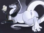 anus avian bird black_claws butt claws dragon female feral genitals hi_res membrane_(anatomy) membranous_wings mythological_creature mythological_scalie mythology owl pawpads purple_anus purple_eyes purple_pussy pussy rippletheness scales scalie solo white_body white_pawpads white_scales wings