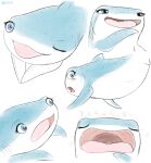 2022 blue_body blue_eyes carpet_shark destiny_(finding_dory) disney english_text eyes_closed feral finding_dory finding_nemo fish gum-k hi_res marine multiple_poses open_mouth pixar pose raised_tail shark simple_background solo tail text whale_shark white_background white_body yawn