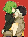  1girl black_dress blush carrying coat couple curly_hair dress green_hair hetero imminent_kiss one-punch_man oyu_(oka-kiii) short_hair tatsumaki zombieman 