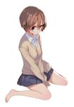 bare_legs barefoot black_eyes blue_eyes blush brown_hair cardigan glasses highres looking_at_viewer original school_uniform shirabi short_hair simple_background sitting skirt sleeves_past_wrists solo sweater v_arms wariza white_background 