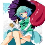  :p blue_eyes blue_hair cloud geta gradient_hair green_hair heterochromia highres himenomikan karakasa_obake multicolored_hair purple_umbrella red_eyes short_hair skirt smile solo tatara_kogasa tongue tongue_out touhou umbrella 