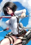  1girl black_eyes black_hair dual_wielding kai_(link2262) mikasa_ackerman panties scarf serious shingeki_no_kyojin short_hair solo striped striped_panties sword three-dimensional_maneuver_gear underwear weapon 