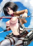  1girl black_eyes black_hair breasts dual_wielding jacket kai_(link2262) mikasa_ackerman navel nipples open_clothes scarf serious shingeki_no_kyojin short_hair solo sword three-dimensional_maneuver_gear weapon 