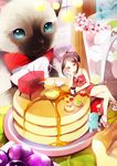  arm_support bad_id bad_pixiv_id black_hair cat coffee crossed_legs dress food hair_ribbon hakusai_(tiahszld) highres legs long_hair minigirl original pancake ponytail purple_eyes rainbow ribbon sandals sitting solo television 