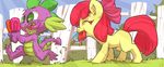  apple_bloom_(mlp) atryl candy cat_eyes cub dragon duo equine fangs female fence feral friendship_is_magic grass green_eyes hair horse lollipop male mammal my_little_pony outside pony red_hair running saliva scalie slit_pupils spike_(mlp) young 