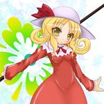  :&lt; bad_id bad_pixiv_id blonde_hair blush dress elly flower hat hat_ribbon high_collar holding holding_scythe leaf long_hair long_sleeves looking_at_viewer maple_leaf o_omune_(kagu8) outstretched_arm pole ribbon scythe solo touhou touhou_(pc-98) white_background yellow_eyes 