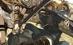  arena bad_id bad_pixiv_id battle blonde_hair clash dress duel elona golden_knight_(elona) greaves harusame_(rueken) multiple_girls silver_witch_(elona) sword weapon 