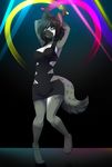  abstract_background anthro badger barefoot black_hair black_nose breasts cleavage clevage clothed clothing crossed_arms danceing dancing dark_background dress ear_piercing female fur glow_sticks glowing gradient_background green_eyes grey_fur hair hands_up honey_badger hybrid hyena looking_at_viewer mammal markings meer mustelid on_one_leg paws piercing plain_background pose smile socks_(marking) solo spazzykoneko spots standing 