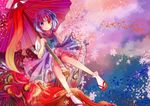  beartoris blue_eyes blue_hair cherry_blossoms flower heterochromia karakasa_obake petals purple_umbrella red_eyes short_hair skirt smile solo tatara_kogasa tongue touhou umbrella 