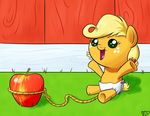  applejack_(mlp) blonde_hair cub diaper equine female feral freckles friendship_is_magic fruit grass hair horse lasso mammal my_little_pony navel open_mouth paradigmpizza pony solo young 