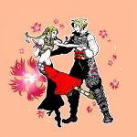  1boy 1girl arm_ribbon baggy_pants black_pants blonde_hair braid dancing final_fantasy final_fantasy_xii final_fantasy_xii_revenant_wings floral_background full_body groin hip_vent holding_hands long_hair looking_at_another midriff mochi_(hanamaruudondesu) navel pants parted_lips penelo pink_ribbon popped_collar red_pants ribbon shirt short_hair sidelocks smile standing standing_on_one_leg stomach tiptoes twin_braids vaan_(ff12) white_shirt 