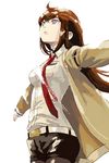  aida_yuu belt blue_eyes brown_hair jacket legwear_under_shorts long_hair makise_kurisu necktie outstretched_arms pantyhose red_neckwear shorts simple_background solo spread_arms steins;gate sunlight white_background 