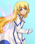 alternate_wings blonde_hair blue_background blue_eyes choker collet_brunel gloves jewelry kamabo_ko long_hair necklace simple_background smile solo tales_of_(series) tales_of_symphonia wings 