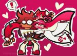  ! 1boy 1girl ahoge closed_eyes couple guilty_gear guilty_gear_strive heart heart_ahoge highres hug jack-o&#039;_valentine pink_background smile sol_badguy tackle tubularparu wide-eyed 