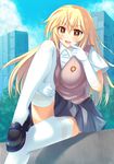  1girl :d blonde_hair breasts building cloud crossed_legs day elbow_gloves finger_to_mouth gloves highres impossible_clothes large_breasts leg_hold leg_up legs loafers long_hair open_mouth outdoors pleated_skirt rakkyo school_uniform shoes shokuhou_misaki short_sleeves sitting skirt sky skyscraper smile solo sweater_vest symbol-shaped_pupils thighhighs to_aru_kagaku_no_railgun to_aru_majutsu_no_index tree white_gloves white_legwear yellow_eyes zettai_ryouiki 