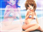  bangs beach bikini blackjunk blush breasts brown_eyes brown_hair cleavage cloud cloudy_sky day girls_und_panzer highres lens_flare looking_at_viewer medium_breasts nishizumi_miho open_mouth outdoors short_hair side-tie_bikini sitting sky smile solo swimsuit white_bikini zoom_layer 