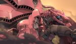  absurdres artist_name blurry blurry_foreground commentary cosmo-5 from_side glowing glowing_eye gundam gundam_unicorn highres machinery mecha mecha_focus mobile_armor no_humans one-eyed purple_eyes robot science_fiction shamblo signature smoke 