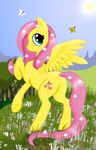  alukamalika arthropod blue_eyes butterfly cutie_mark english_text equine feathers female feral flower fluttershy_(mlp) friendship_is_magic fur grass green_eyes hair horse insect long_hair looking_back mammal my_little_pony outside pegasus pink_hair pony sky smile solo sun text tree wings yellow_fur 