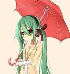  green_eyes green_hair hatsune_miku headphones headset long_hair silent_sakia smile solo twintails umbrella vocaloid 