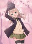  1girl artist_request black_jacket black_necktie blonde_hair blue_eyes cherry_blossoms falling_petals green_skirt highres jacket long_hair luminous_witches moffy_(luminous_witches) necktie open_mouth outdoors petals second-party_source skirt solo standing striped_clothes striped_thighhighs sweater thighhighs tree virginia_robertson world_witches_series 