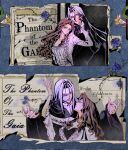  1boy 1girl aerith_gainsborough aqua_eyes black_cloak black_gloves blue_flower blue_rose breasts brown_hair christine_daae christine_daae_(cosplay) cloak cosplay couple dress erik_(phantom_of_the_opera) erik_(phantom_of_the_opera)_(cosplay) final_fantasy final_fantasy_vii final_fantasy_vii_rebirth final_fantasy_vii_remake flower gloves green_eyes grey_hair half-closed_eyes half_mask hand_on_another's_cheek hand_on_another's_face hetero highres holding_hands lily_(flower) long_bangs long_hair long_sleeves mask medium_breasts parted_bangs parted_lips phantom_of_the_opera rose sephiroth sidelocks straight_hair upper_body wavy_hair white_dress white_mask yellow_flower zdax20001212 