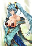  bare_shoulders blue_eyes blue_hair blush breasts cleavage draven league_of_legends long_hair sona_buvelle tongue twintails 