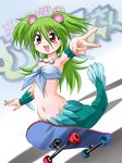  green_hair highres jewelry long_hair mermaid monster_girl muromi-san namiuchigiwa_no_muromi-san necklace open_mouth red_eyes rokushaku_neko scales seashell shell skateboard smile solo twintails two_side_up v 