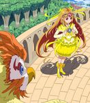  bird boots bow brooch brown_hair bubble_skirt choker circlet cure_muse_(yellow) earrings frills hair_bow heart jewelry knee_boots long_hair magical_girl noise_(suite_precure) oprecho9 p-chan_(suite_precure) pink_eyes precure shirabe_ako skirt smile suite_precure yellow_bow yellow_choker yellow_skirt 