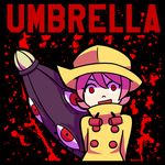  1girl child closed_umbrella hungern_(skullgirls) pink_hair raincoat red_eyes short_hair skullgirls umbrella umbrella_(skullgirls) yandere 