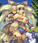  animal_ears bell blonde_hair breasts bridal_gauntlets denim denim_shorts fangs grass hairband harem_gain hisahiko jingle_bell large_breasts long_hair official_art pouch red_eyes shorts tail thighhighs tree unbuttoned very_long_hair wolf 