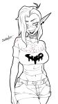 alien alien_humanoid big_breasts bottomwear breasts cleavage clothed clothing disney ear_piercing eyebrows female freckles hair hi_res hotpants humanoid humanoid_pointy_ears long_hair lord_dominator midriff monochrome navel noseless not_furry piercing pointy_ears sharp_teeth shorts signature solo spot_color swain_(artist) teeth wander_over_yonder white_back wide_hips