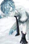  1other amputee antarcticite aqua_eyes aqua_hair colored_eyelashes colored_skin cracked_skin gem_uniform_(houseki_no_kuni) gloves hair_over_one_eye hand_on_ground highres houseki_no_kuni looking_at_viewer mt5_014 necktie on_ground other_focus short_hair short_shorts shorts smile snow solo suit triple_amputee white_skin 