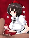  artificial_vagina blush breasts brown_hair cum ejaculation han_(jackpot) handjob hat hetero huge_breasts penis pun red_eyes shameimaru_aya solo_focus tenga tengu touhou 