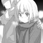  1girl blush couple greyscale hetero jacket monochrome ooji_mochizou scarf short_hair tamako_market tokiwa_midori watarai_keiji 