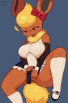 anthro balls biped blush clothing eeveelution erection erection_under_clothing eyebrows fingers flareon footwear fur generation_1_pokemon genitals grey_background gynomorph hi_res intersex kyurisawa legwear nintendo orange_body orange_fur penis pokemon pokemon_(species) pupils red_eyes shoes simple_background solo tail teeth thigh_highs yellow_body yellow_fur yellow_tail