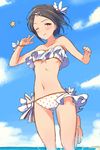  bad_id bad_pixiv_id bare_shoulders barefoot beach bikini bonnou_p brown_eyes brown_hair day flower frilled_bikini frilled_swimsuit frills hair_flower hair_ornament hairclip hat idolmaster idolmaster_cinderella_girls mini_hat navel one_eye_closed polka_dot polka_dot_bikini polka_dot_swimsuit short_hair smile solo star swimsuit tougou_ai 