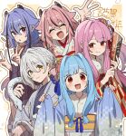  2boys 3girls absurdres antenna_hair black_hair blue_hair blue_kimono blush closed_eyes commentary_request corn_kuten double_v fur-trimmed_kimono fur_trim gynoid_talk hagoita hair_ornament hands_up highres horns iori_yuzuru japanese_clothes kikumon kimono kotonoha_akane kotonoha_aoi long_sleeves looking_at_viewer low-tied_sidelocks meika_hime meika_mikoto multicolored_hair multiple_boys multiple_girls obi open_mouth paddle pink_eyes pink_hair print_kimono purple_kimono sash short_hair smile snake streaked_hair thick_eyebrows two-tone_background upper_body v vocaloid voiceroid white_background white_hair wide_sleeves yellow_background yellow_eyes 