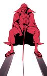  1boy amputee collared_shirt jacket_on_shoulder looking_at_viewer male male_focus mocchiri_oyaji monochrome one_piece open_collar red saber_(weapon) sandals shanks shirt sitting solo source sword weapon 