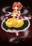  apron bell blush book checkered checkered_shirt chitose_(usacan) clothes_writing hair_bell hair_ornament highres jingle_bell long_sleeves looking_at_viewer motoori_kosuzu red_eyes red_hair shirt short_hair smile solo steam touhou two_side_up wide_sleeves 