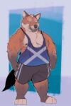 2025 absurd_res anthro arm_hair arm_tuft armpit_hair barazoku belly_hair belly_tuft biceps blonde_hair blue_background blue_clothing blue_shirt blue_tank_top blue_topwear body_hair border bottomwear burrserk canid canine chest_hair clothing deltoids dimple ear_piercing elbow_tuft forearm_hair forearms fox front_view grin grinning_at_viewer hair hairy hi_res leg_hair leg_tuft looking_at_viewer male mammal manly mature_male muscle_shirt musclegut muscular muscular_arms muscular_legs nipples pecs piercing shirt shorts shoulder_hair shoulder_tuft simple_background sinclair_(wolfenxlr) slightly_chubby smile solo stubble tank_top topwear triceps tuft white_border
