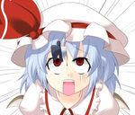  bat_wings blood blue_hair hat knife knife_in_head knifed masara open_mouth pale_eye red_eyes remilia_scarlet solo touhou wings 