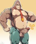 2025 anthro ape areola balls barazoku belly biceps big_balls big_muscles big_penis bodily_fluids bottomwear clothed clothing deltoids donkey_kong_(character) donkey_kong_(series) emanata erection funeral-paws fur genitals glans gorilla haplorhine hi_res huge_muscles humanoid_genitalia humanoid_penis kemono looking_at_viewer male mammal musclegut muscular muscular_anthro muscular_male navel necktie nintendo nipples one_eye_closed pants pecs penis presenting presenting_penis primate signature simple_background smile solo sparkles standing suspenders sweat teeth thick_arms thick_penis thick_thighs topless topless_anthro topless_male tuft unzipped vein wink yellow_background zipper