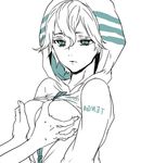  blue_eyes breast_squeeze breasts groping hood hoodie medium_breasts solo_focus tcb tengirl 