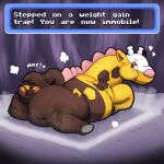 after_transformation blush blush_lines blushing_profusely brown_body brown_fur dialogue feral fur gameplay_mechanics generation_2_pokemon girafarig hi_res immobile implied_weight_gain looking_at_another nintendo obese obese_feral orange_sclera overweight overweight_feral pokemon pokemon_(species) pokemon_mystery_dungeon spike_chunsoft stuck text text_box transformation trevor-fox upside_down_transformation weight_gain yellow_body yellow_fur