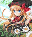  black_dress blonde_hair blue_eyes capelet dress fairy_wings floral_print flower hat hat_ribbon lily_black lily_white long_hair long_sleeves looking_at_viewer marker_(medium) millipen_(medium) mizame pointing pointing_at_self ribbon shikishi solo touhou traditional_media very_long_hair wings 